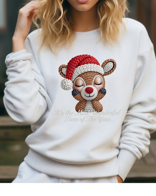 Cute Christmas Reindeer Crewneck Sweatshirt – “It’s the Most Wonderful Time of the Year” Unisex Holiday Pullover, Festive Reindeer in Santa Hat Sweater