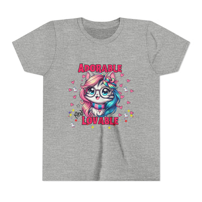 Adorable & Lovable Youth Tee, Girls Shirt, Cute T-Shirt, Gift for Kids, Birthday Outfit, Unicorn Theme Apparel