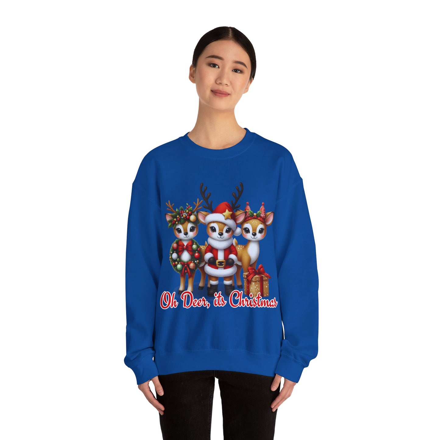 Oh Deer, It’s Christmas Sweatshirt – Funny Holiday Crewneck, Cozy Unisex Christmas Sweater, Cute Reindeer Design, Festive Gift for Her or Him