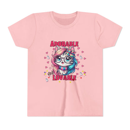 Adorable & Lovable Youth Tee, Girls Shirt, Cute T-Shirt, Gift for Kids, Birthday Outfit, Unicorn Theme Apparel