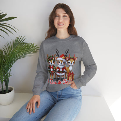 Oh Deer, It’s Christmas Sweatshirt – Funny Holiday Crewneck, Cozy Unisex Christmas Sweater, Cute Reindeer Design, Festive Gift for Her or Him