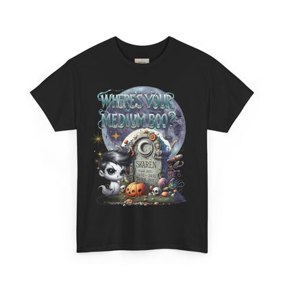 Spooky Themed Tee, Halloween Apparel, Unisex Cotton T-Shirt, Medium Boo Graphic, Ghostly Gift, Fun Halloween Tee, Creepy Cute Shirt