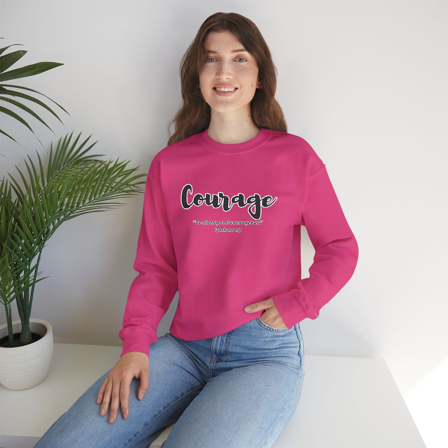 Courage Sweatshirt – “Be Strong and Courageous” Christian Crewneck, Inspirational Faith-Based Pullover, Cozy Unisex Apparel, Motivational Gift for Believers