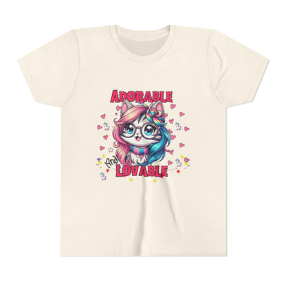 Adorable & Lovable Youth Tee, Girls Shirt, Cute T-Shirt, Gift for Kids, Birthday Outfit, Unicorn Theme Apparel
