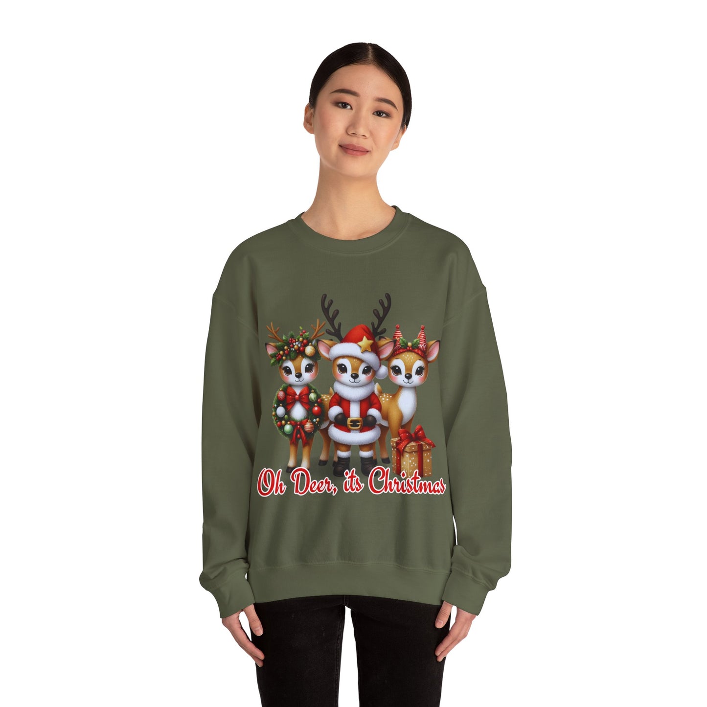 Oh Deer, It’s Christmas Sweatshirt – Funny Holiday Crewneck, Cozy Unisex Christmas Sweater, Cute Reindeer Design, Festive Gift for Her or Him