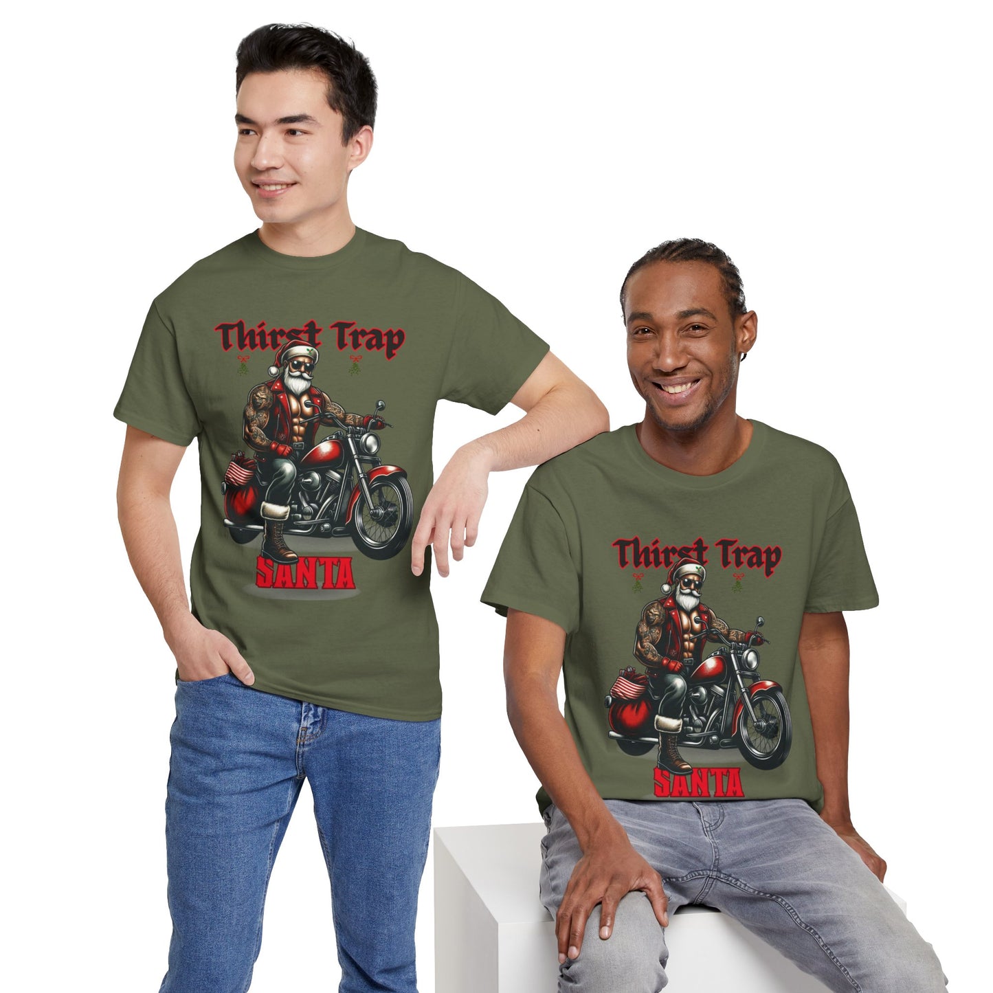 Thirst Trap Santa Tee, Funny Christmas Shirt, Unisex Holiday T-Shirt, Motorcycle Santa Gift, Festive Graphic Tee