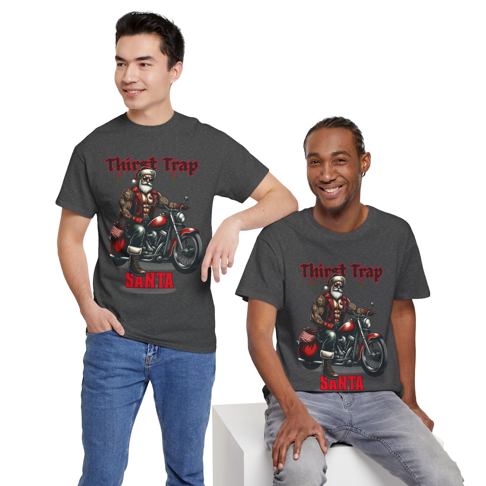 Thirst Trap Santa Tee, Funny Christmas Shirt, Unisex Holiday T-Shirt, Motorcycle Santa Gift, Festive Graphic Tee