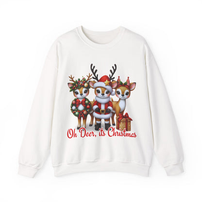 Oh Deer, It’s Christmas Sweatshirt – Funny Holiday Crewneck, Cozy Unisex Christmas Sweater, Cute Reindeer Design, Festive Gift for Her or Him