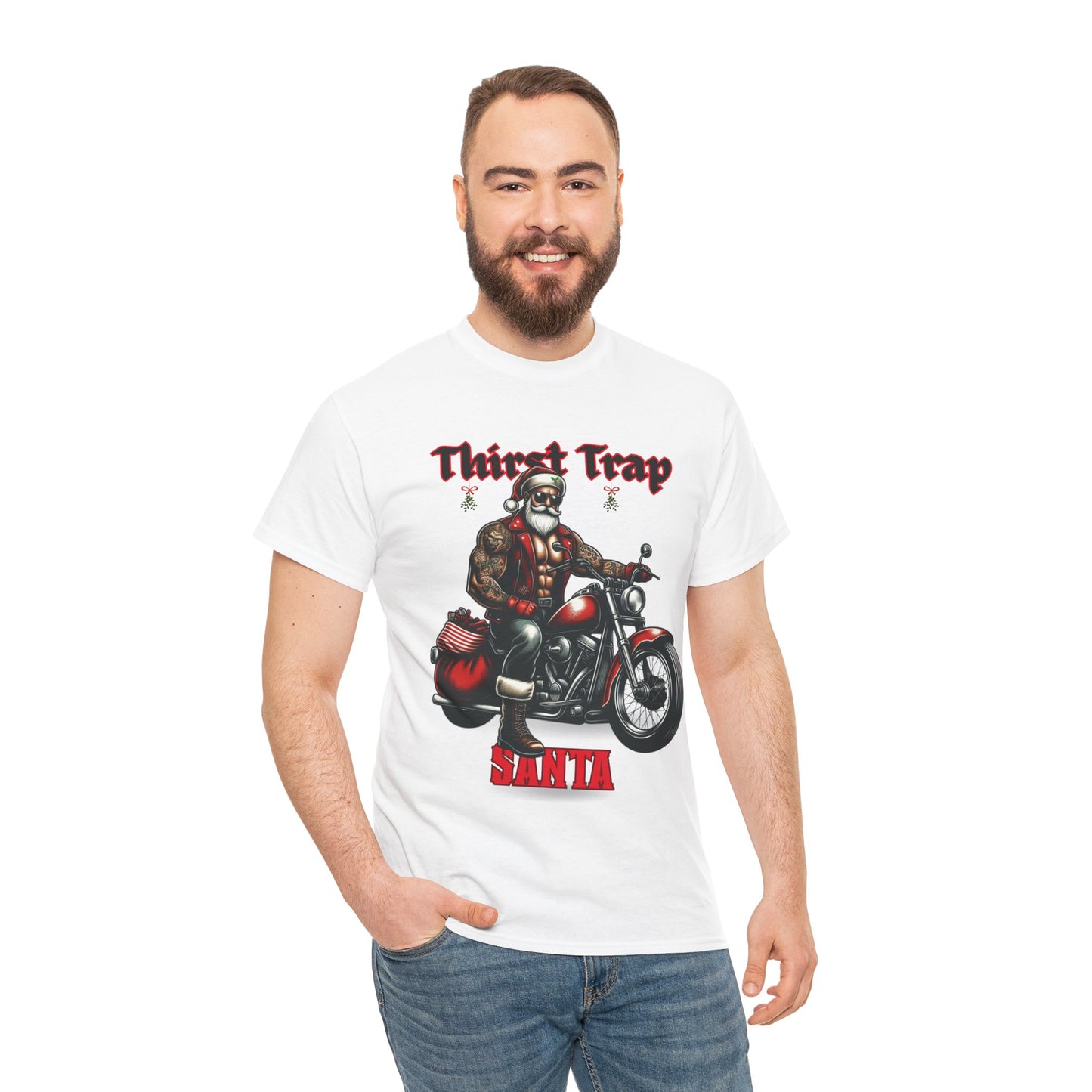 Thirst Trap Santa Tee, Funny Christmas Shirt, Unisex Holiday T-Shirt, Motorcycle Santa Gift, Festive Graphic Tee