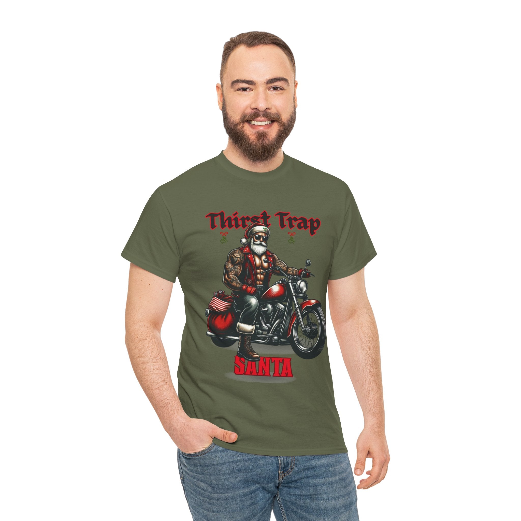 Thirst Trap Santa Tee, Funny Christmas Shirt, Unisex Holiday T-Shirt, Motorcycle Santa Gift, Festive Graphic Tee