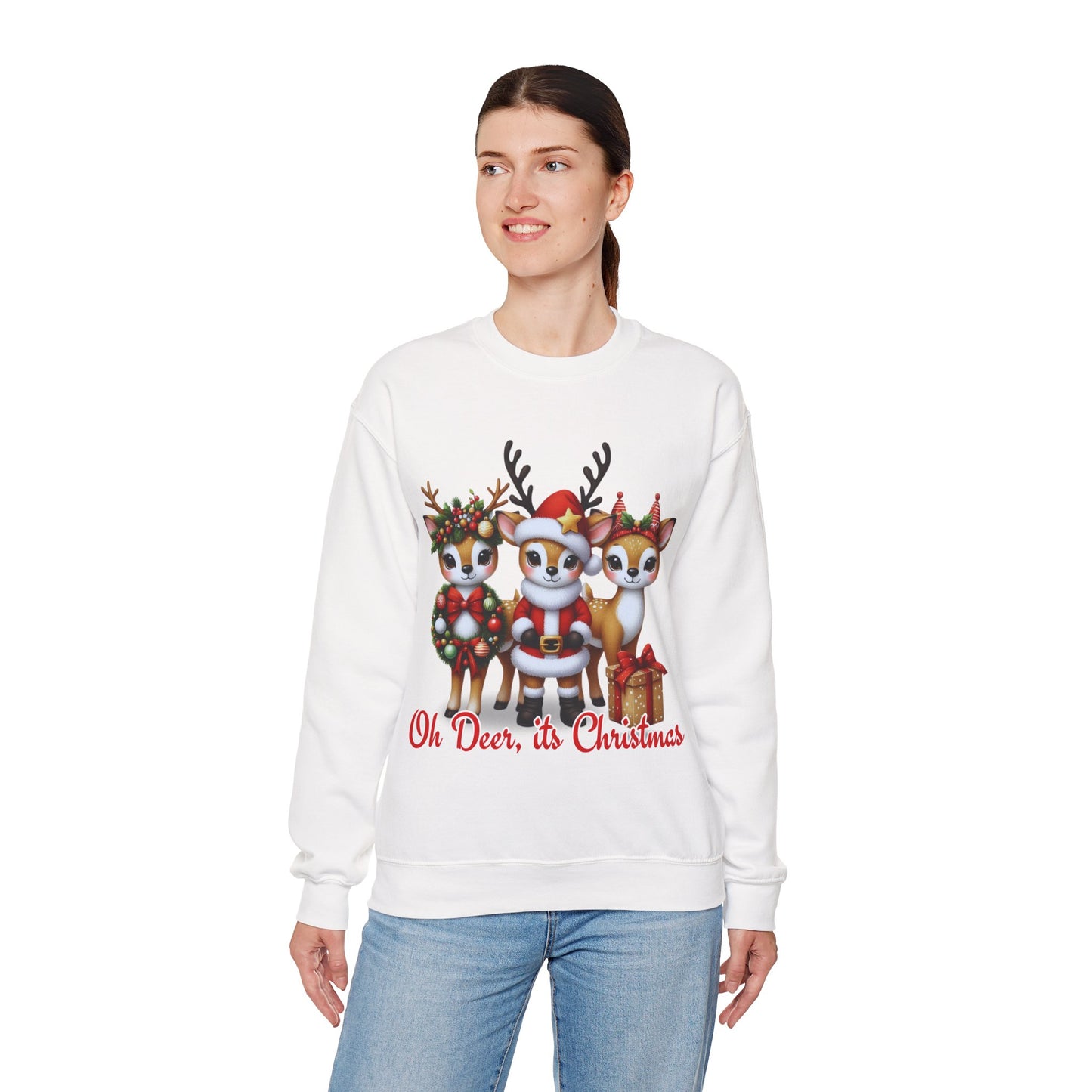 Oh Deer, It’s Christmas Sweatshirt – Funny Holiday Crewneck, Cozy Unisex Christmas Sweater, Cute Reindeer Design, Festive Gift for Her or Him