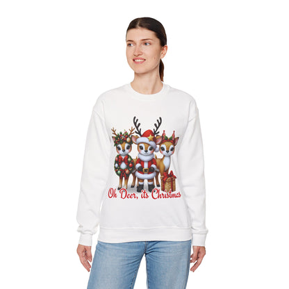 Oh Deer, It’s Christmas Sweatshirt – Funny Holiday Crewneck, Cozy Unisex Christmas Sweater, Cute Reindeer Design, Festive Gift for Her or Him