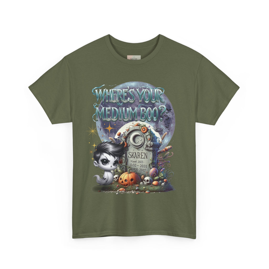 Spooky Themed Tee, Halloween Apparel, Unisex Cotton T-Shirt, Medium Boo Graphic, Ghostly Gift, Fun Halloween Tee, Creepy Cute Shirt