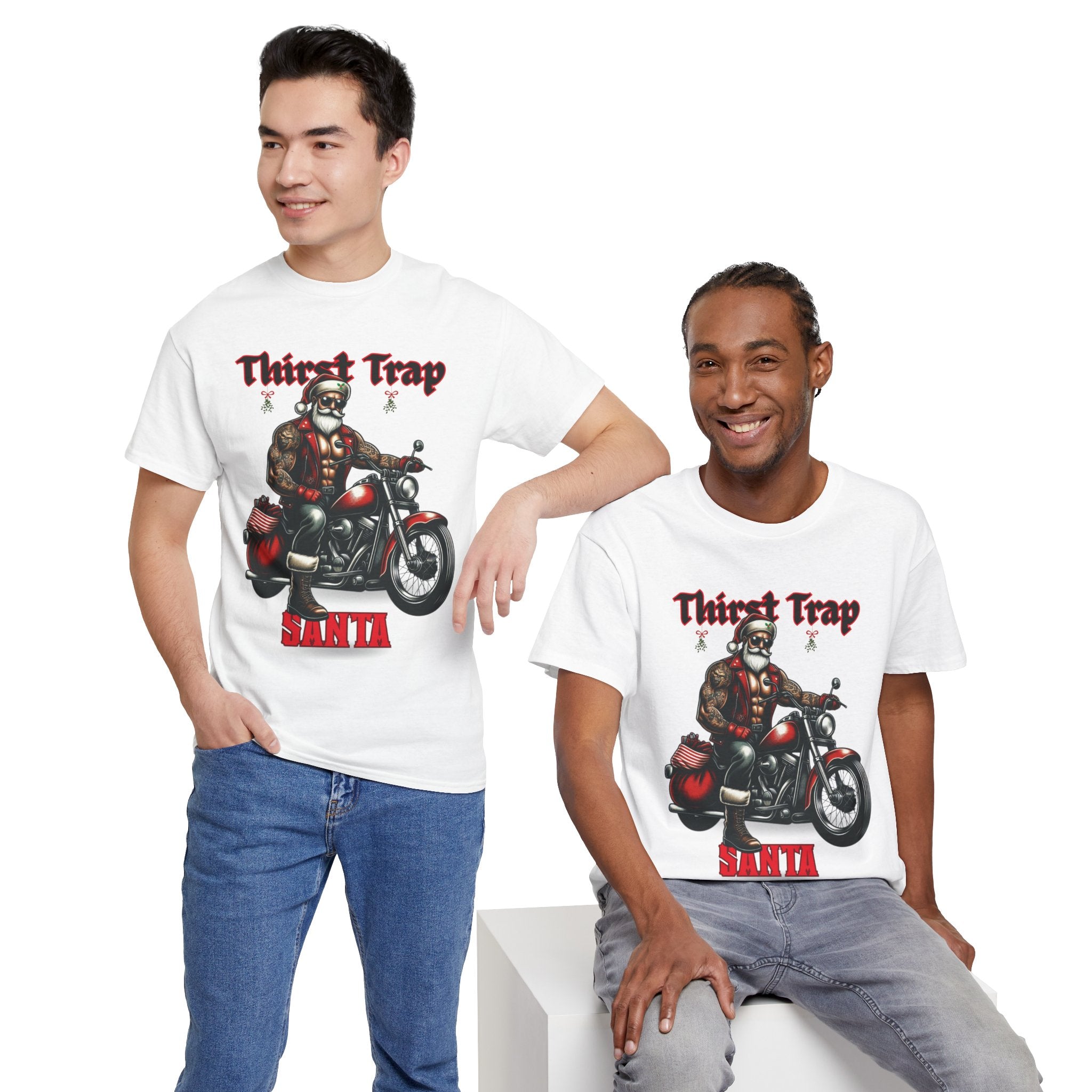 Thirst Trap Santa Tee, Funny Christmas Shirt, Unisex Holiday T-Shirt, Motorcycle Santa Gift, Festive Graphic Tee