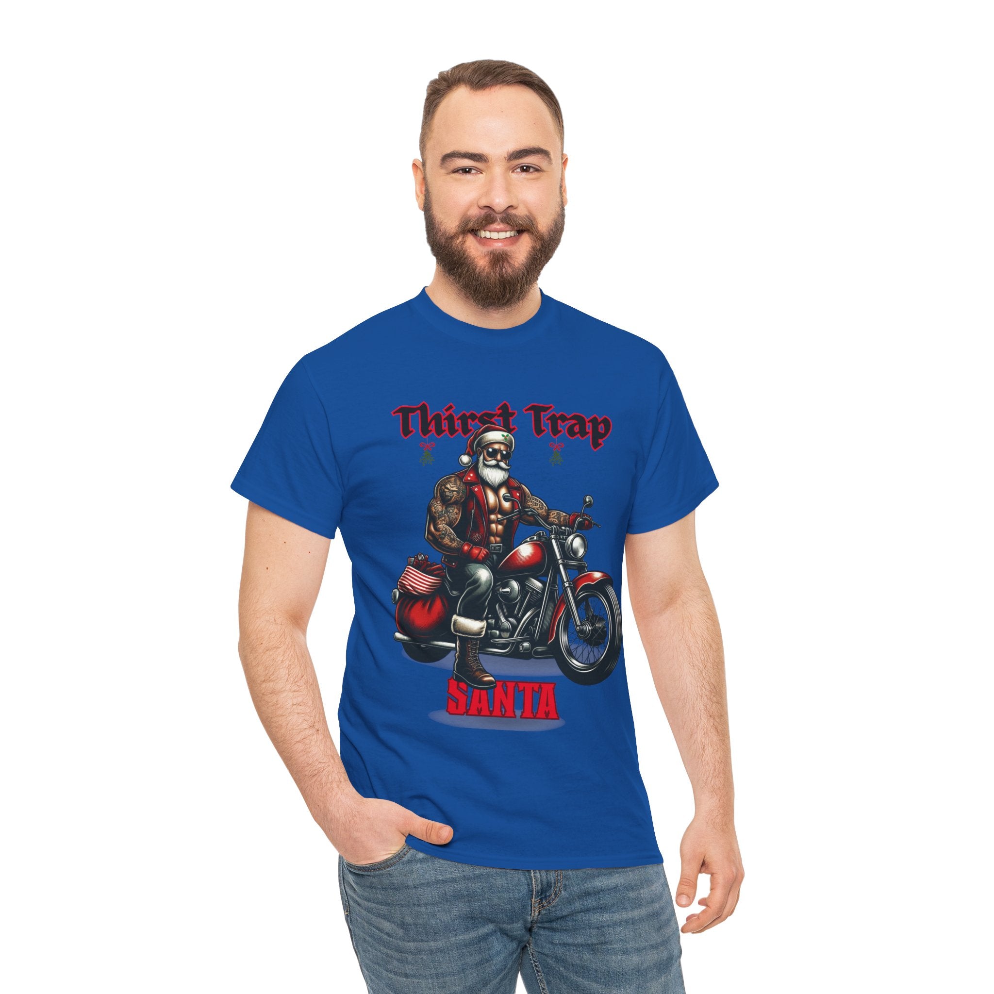 Thirst Trap Santa Tee, Funny Christmas Shirt, Unisex Holiday T-Shirt, Motorcycle Santa Gift, Festive Graphic Tee