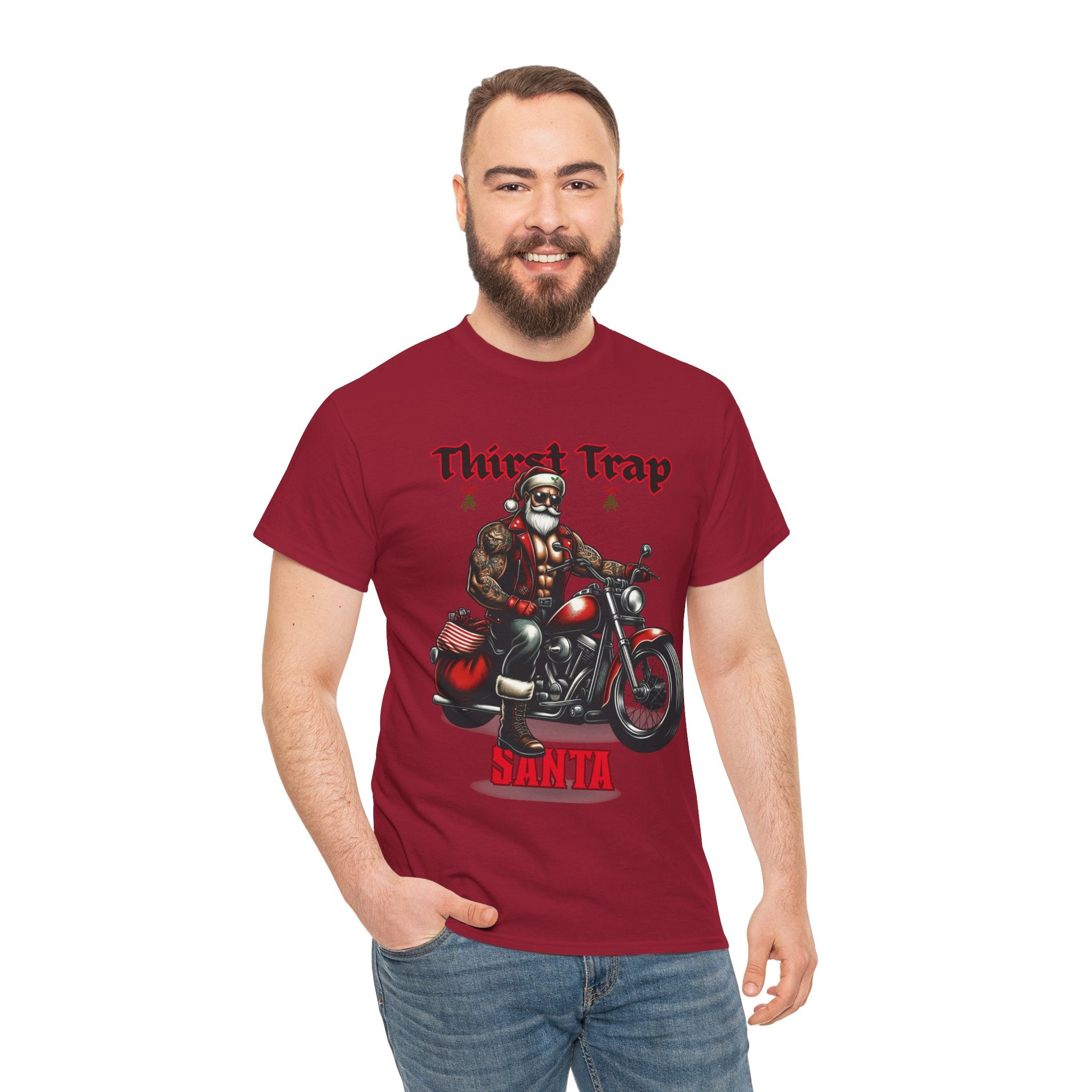 Thirst Trap Santa Tee, Funny Christmas Shirt, Unisex Holiday T-Shirt, Motorcycle Santa Gift, Festive Graphic Tee