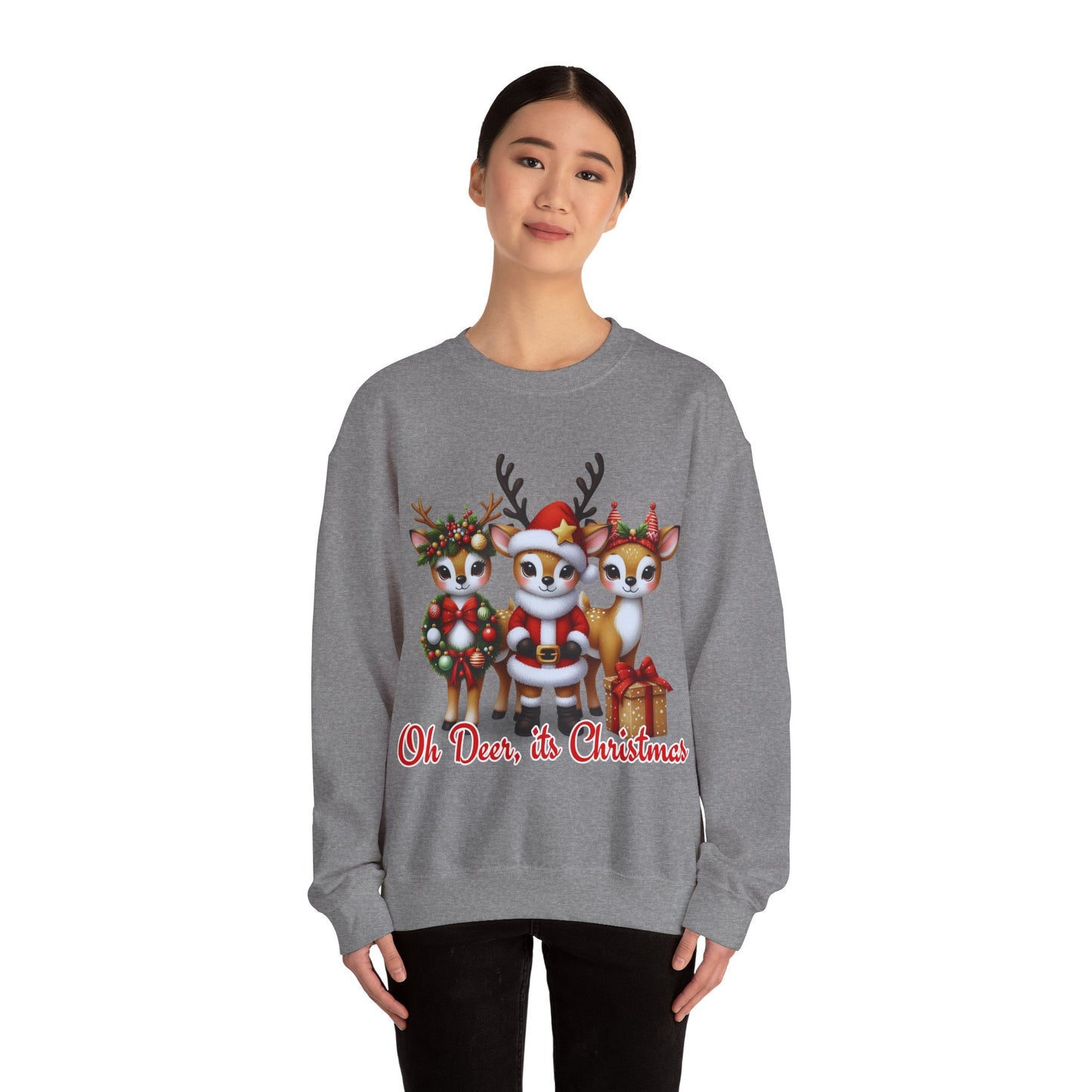 Oh Deer, It’s Christmas Sweatshirt – Funny Holiday Crewneck, Cozy Unisex Christmas Sweater, Cute Reindeer Design, Festive Gift for Her or Him