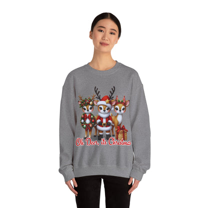 Oh Deer, It’s Christmas Sweatshirt – Funny Holiday Crewneck, Cozy Unisex Christmas Sweater, Cute Reindeer Design, Festive Gift for Her or Him