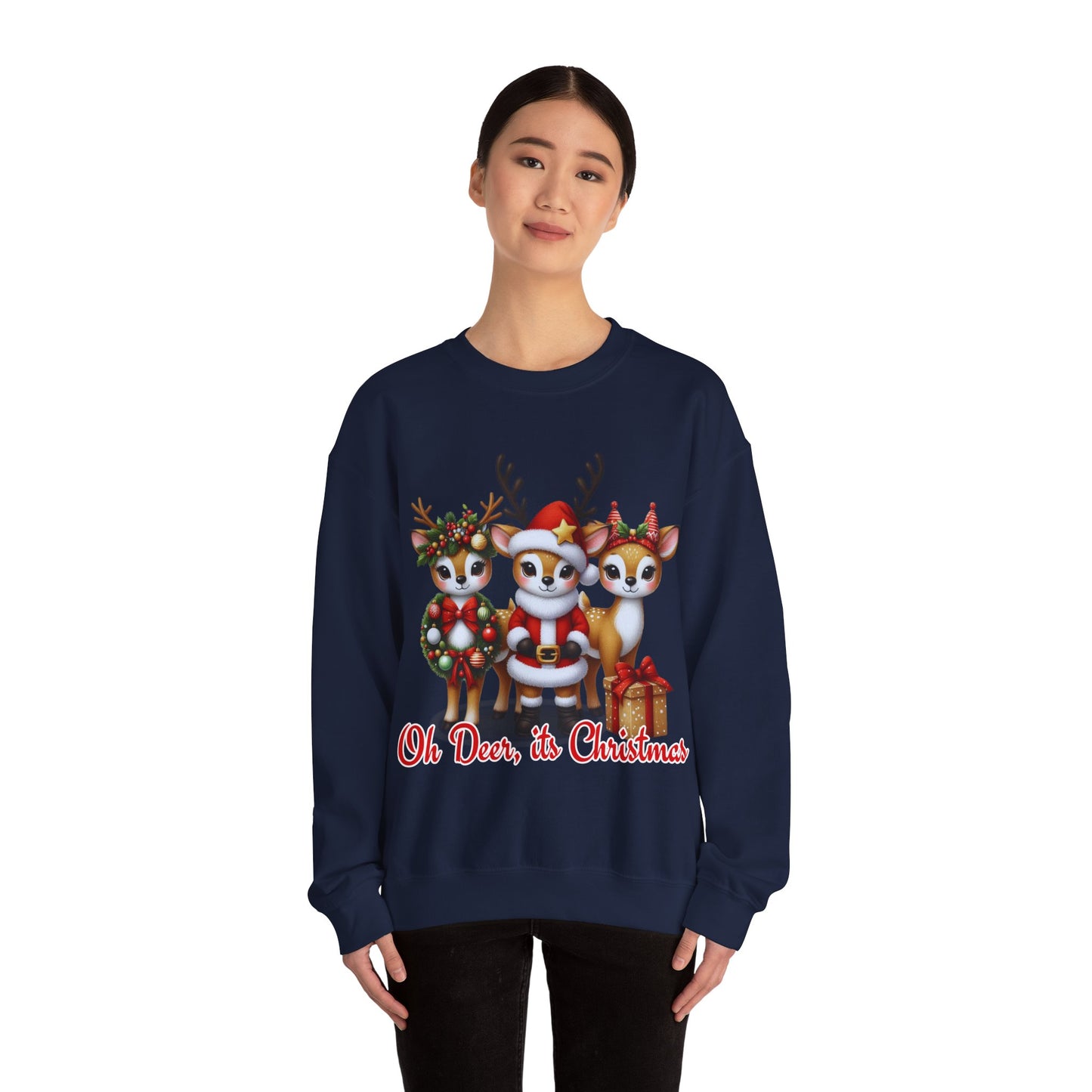 Oh Deer, It’s Christmas Sweatshirt – Funny Holiday Crewneck, Cozy Unisex Christmas Sweater, Cute Reindeer Design, Festive Gift for Her or Him