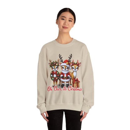 Oh Deer, It’s Christmas Sweatshirt – Funny Holiday Crewneck, Cozy Unisex Christmas Sweater, Cute Reindeer Design, Festive Gift for Her or Him