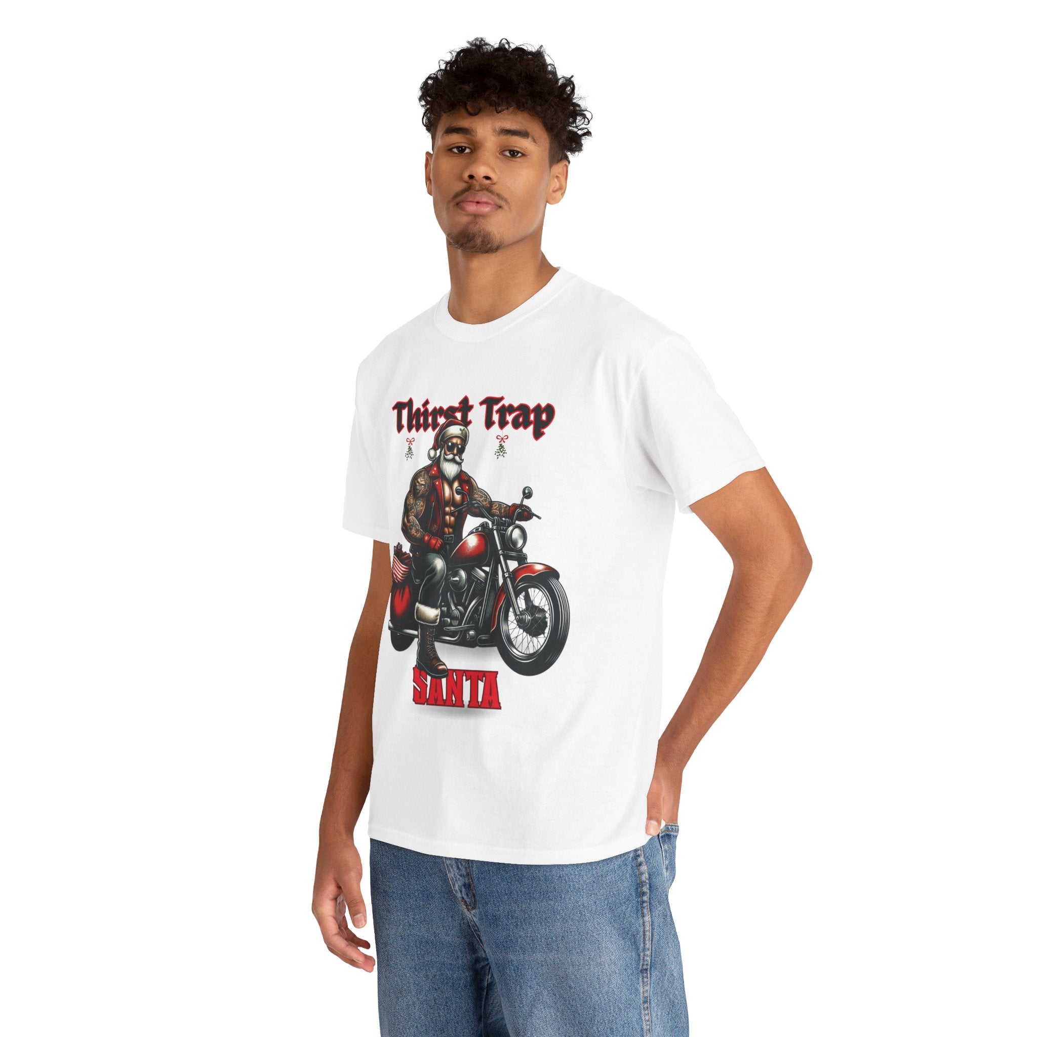 Thirst Trap Santa Tee, Funny Christmas Shirt, Unisex Holiday T-Shirt, Motorcycle Santa Gift, Festive Graphic Tee