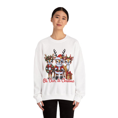 Oh Deer, It’s Christmas Sweatshirt – Funny Holiday Crewneck, Cozy Unisex Christmas Sweater, Cute Reindeer Design, Festive Gift for Her or Him