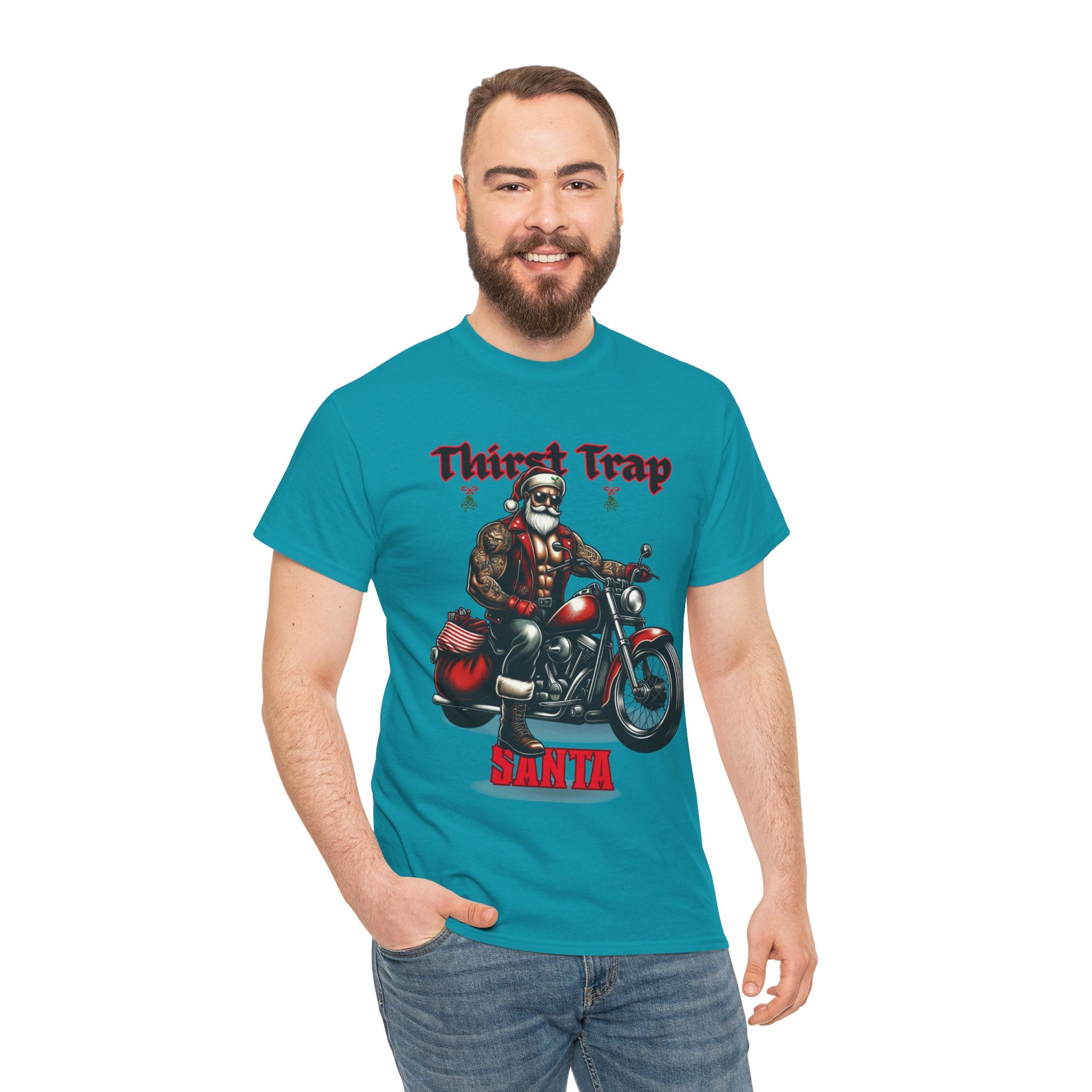 Thirst Trap Santa Tee, Funny Christmas Shirt, Unisex Holiday T-Shirt, Motorcycle Santa Gift, Festive Graphic Tee