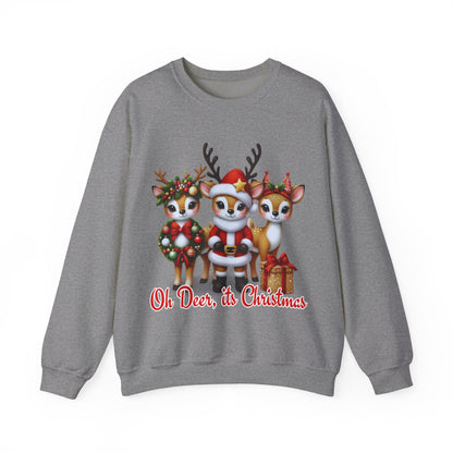 Oh Deer, It’s Christmas Sweatshirt – Funny Holiday Crewneck, Cozy Unisex Christmas Sweater, Cute Reindeer Design, Festive Gift for Her or Him