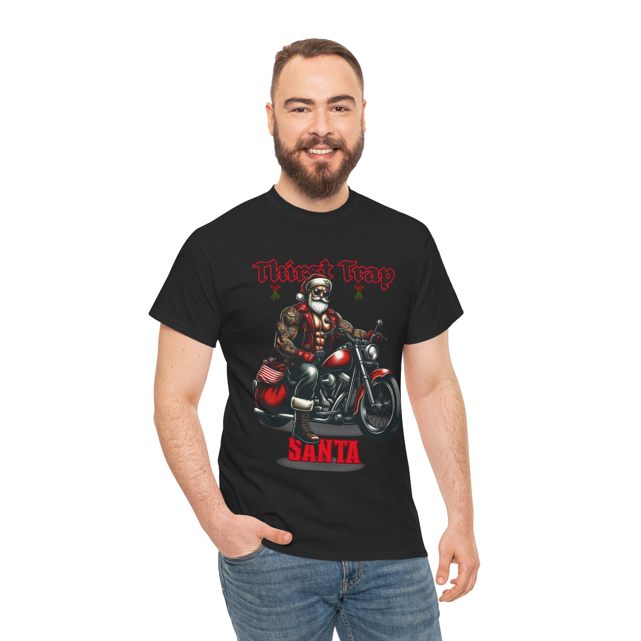 Thirst Trap Santa Tee, Funny Christmas Shirt, Unisex Holiday T-Shirt, Motorcycle Santa Gift, Festive Graphic Tee