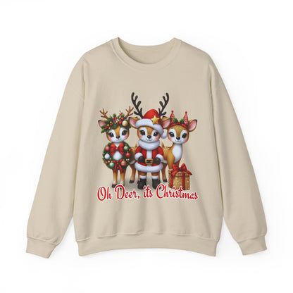 Oh Deer, It’s Christmas Sweatshirt – Funny Holiday Crewneck, Cozy Unisex Christmas Sweater, Cute Reindeer Design, Festive Gift for Her or Him