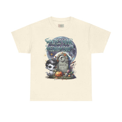 Spooky Themed Tee, Halloween Apparel, Unisex Cotton T-Shirt, Medium Boo Graphic, Ghostly Gift, Fun Halloween Tee, Creepy Cute Shirt