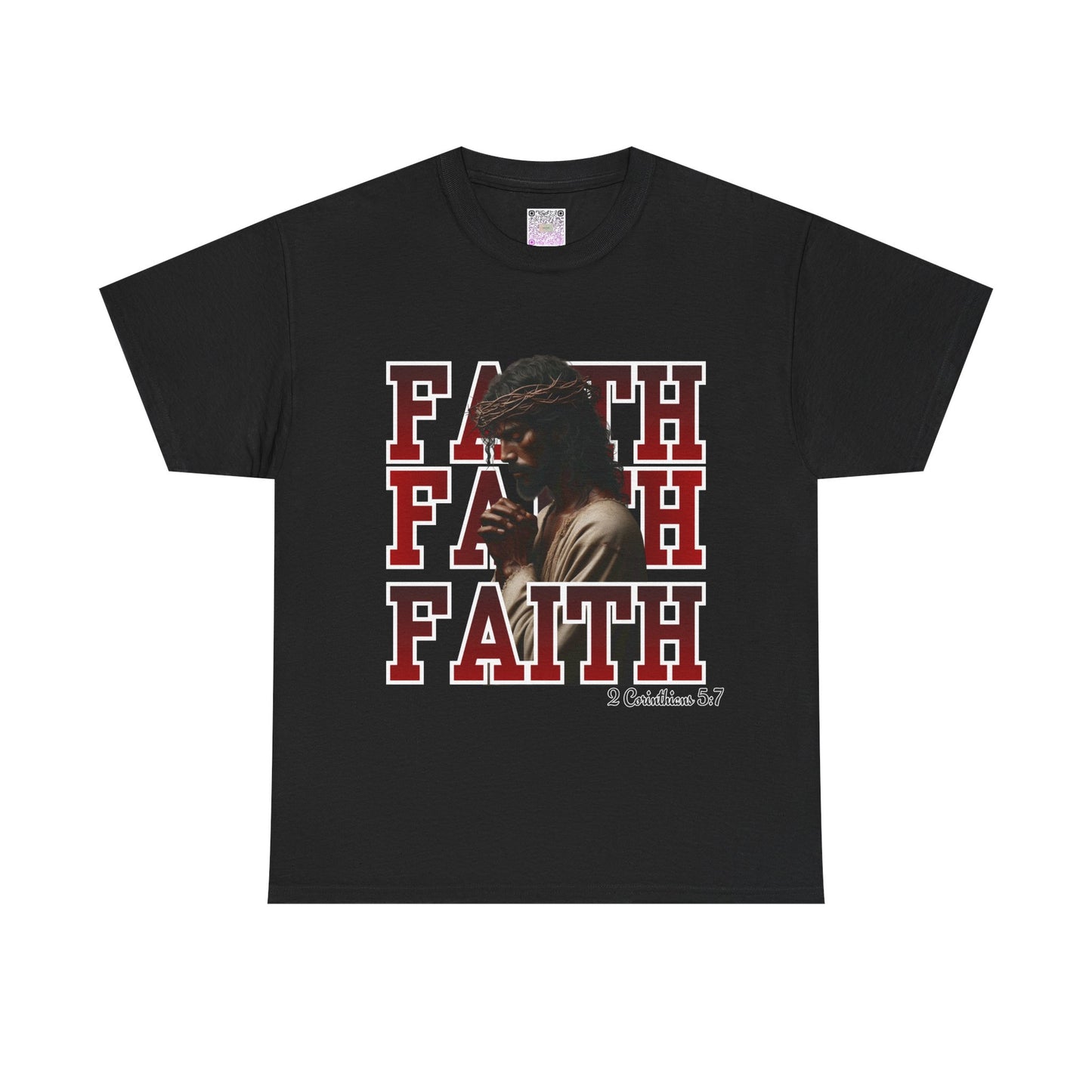 Faith Prayer T-Shirt – “Faith” with Praying Jesus Graphic, 2 Corinthians 5:7 Christian Tee, Inspirational Unisex Shirt, Spiritual Apparel