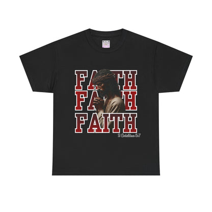Faith Prayer T-Shirt – “Faith” with Praying Jesus Graphic, 2 Corinthians 5:7 Christian Tee, Inspirational Unisex Shirt, Spiritual Apparel