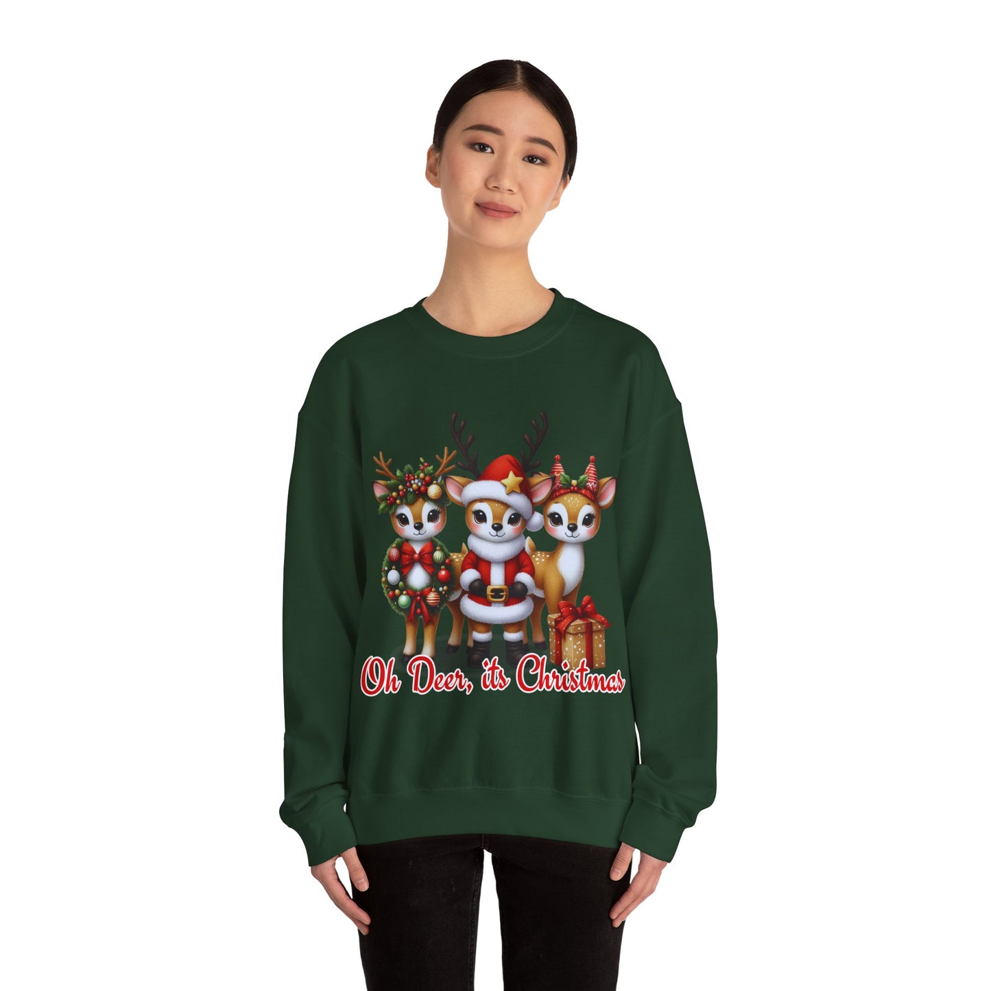 Oh Deer, It’s Christmas Sweatshirt – Funny Holiday Crewneck, Cozy Unisex Christmas Sweater, Cute Reindeer Design, Festive Gift for Her or Him