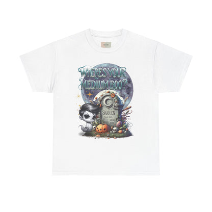 Spooky Themed Tee, Halloween Apparel, Unisex Cotton T-Shirt, Medium Boo Graphic, Ghostly Gift, Fun Halloween Tee, Creepy Cute Shirt