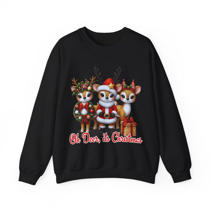 Oh Deer, It’s Christmas Sweatshirt – Funny Holiday Crewneck, Cozy Unisex Christmas Sweater, Cute Reindeer Design, Festive Gift for Her or Him