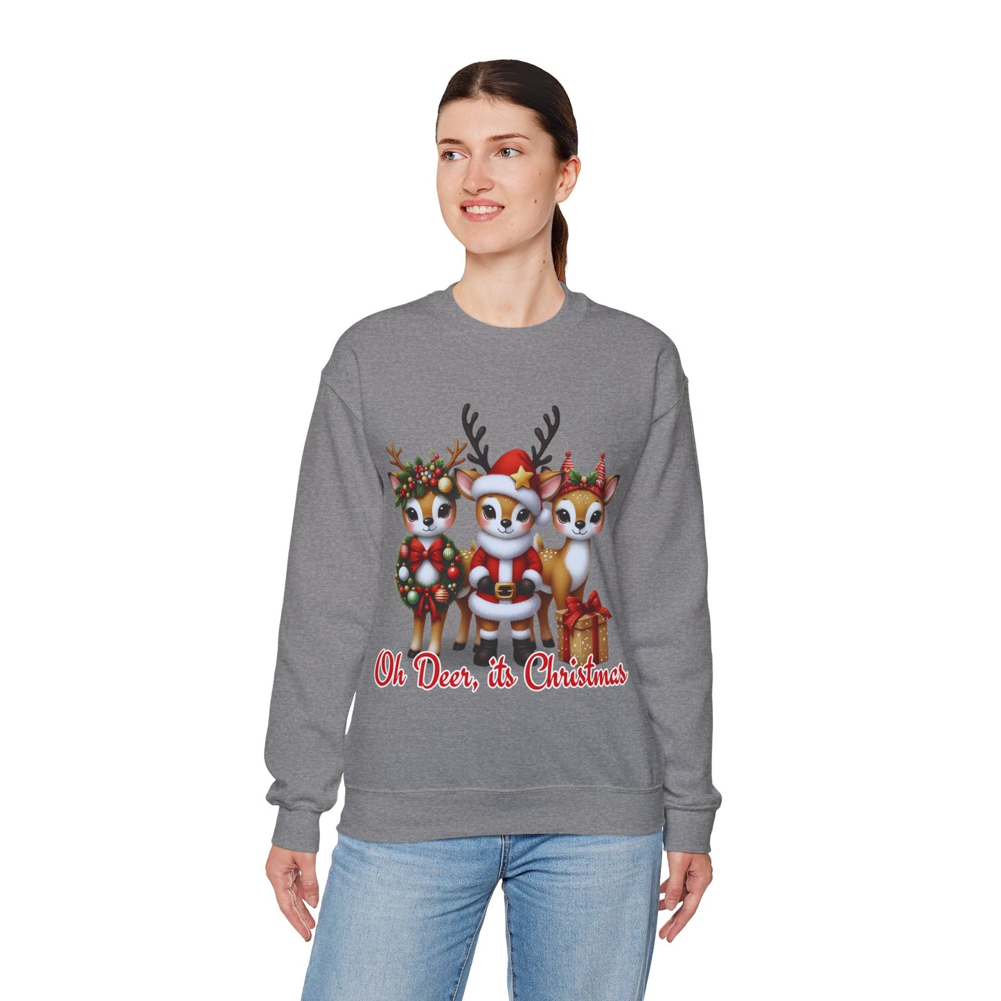 Oh Deer, It’s Christmas Sweatshirt – Funny Holiday Crewneck, Cozy Unisex Christmas Sweater, Cute Reindeer Design, Festive Gift for Her or Him