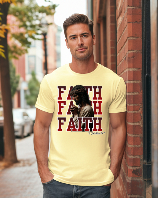 Faith Prayer T-Shirt – “Faith” with Praying Jesus Graphic, 2 Corinthians 5:7 Christian Tee, Inspirational Unisex Shirt, Spiritual Apparel
