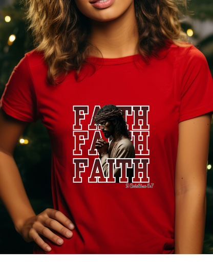 Faith Prayer T-Shirt – “Faith” with Praying Jesus Graphic, 2 Corinthians 5:7 Christian Tee, Inspirational Unisex Shirt, Spiritual Apparel