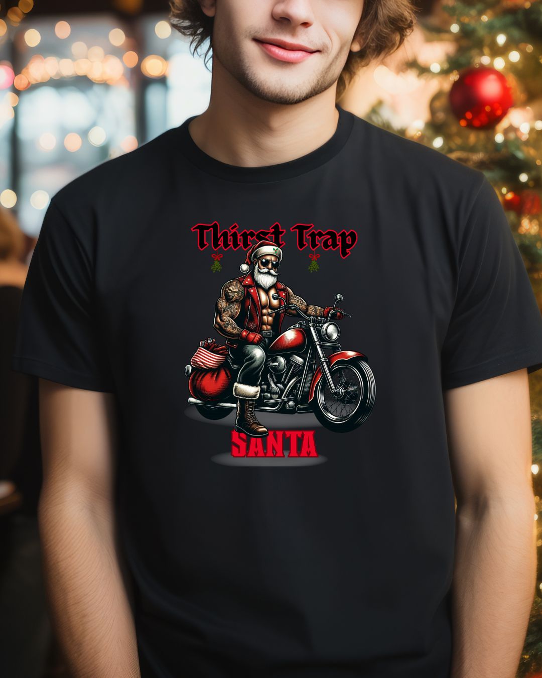 Thirst Trap Santa Tee, Funny Christmas Shirt, Unisex Holiday T-Shirt, Motorcycle Santa Gift, Festive Graphic Tee