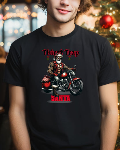 Thirst Trap Santa Tee, Funny Christmas Shirt, Unisex Holiday T-Shirt, Motorcycle Santa Gift, Festive Graphic Tee