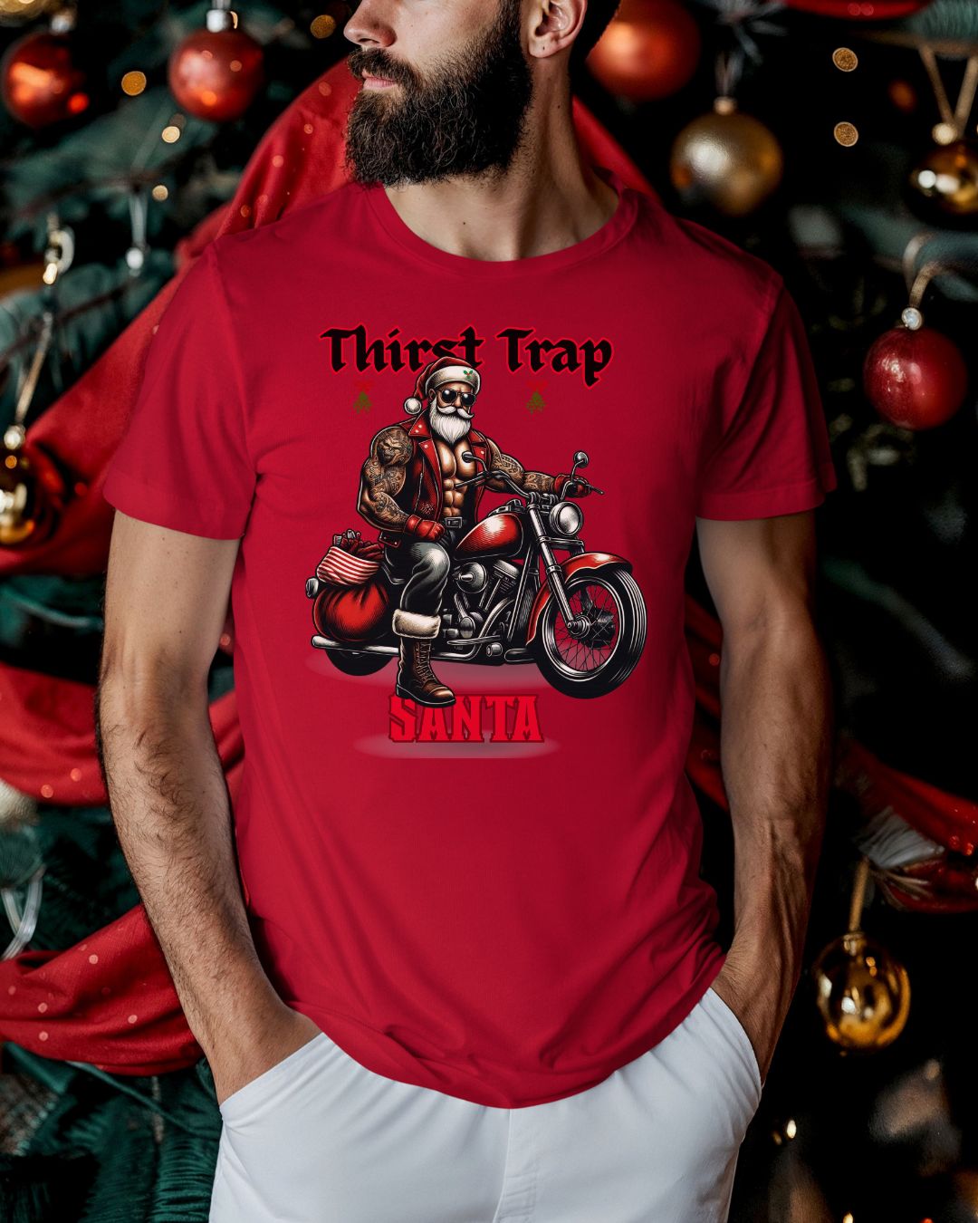 Thirst Trap Santa Tee, Funny Christmas Shirt, Unisex Holiday T-Shirt, Motorcycle Santa Gift, Festive Graphic Tee