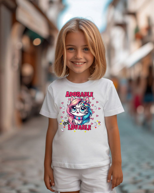 Adorable & Lovable Youth Tee, Girls Shirt, Cute T-Shirt, Gift for Kids, Birthday Outfit, Unicorn Theme Apparel