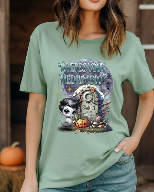Spooky Themed Tee, Halloween Apparel, Unisex Cotton T-Shirt, Medium Boo Graphic, Ghostly Gift, Fun Halloween Tee, Creepy Cute Shirt