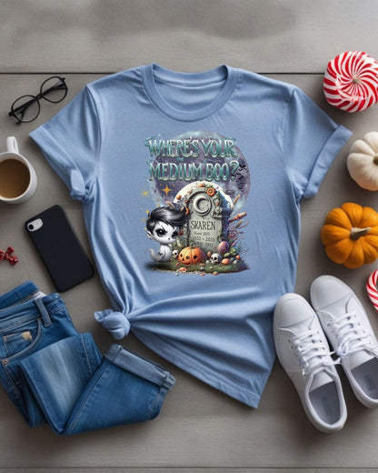 Spooky Themed Tee, Halloween Apparel, Unisex Cotton T-Shirt, Medium Boo Graphic, Ghostly Gift, Fun Halloween Tee, Creepy Cute Shirt