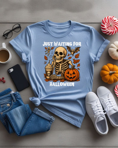 Halloween Skeleton Tee, Spooky T-Shirt, Fall Shirt, Unisex Halloween Apparel, Pumpkin and Skeleton Design