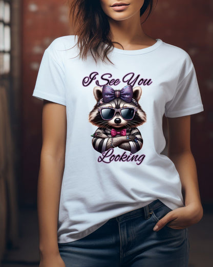 I See You Looking Raccoon Tee, Cute Graphic T-Shirt, Unisex Cotton Shirt, Animal Lover Gift, Cool Casual Wear