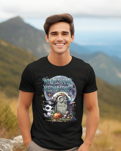 Spooky Themed Tee, Halloween Apparel, Unisex Cotton T-Shirt, Medium Boo Graphic, Ghostly Gift, Fun Halloween Tee, Creepy Cute Shirt